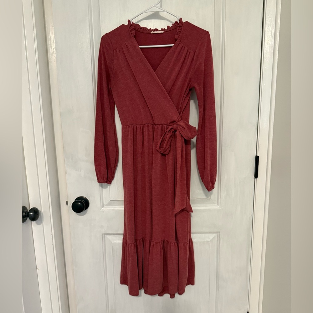 Reborn J Dark Pink/Dusty Rose Colored Ruffled Faux Wrap Midi Dress